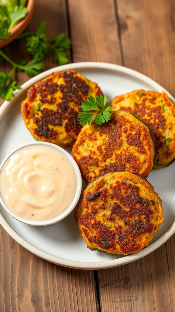 Crispy vegetable patties on a plate with parsley and dipping sauce.